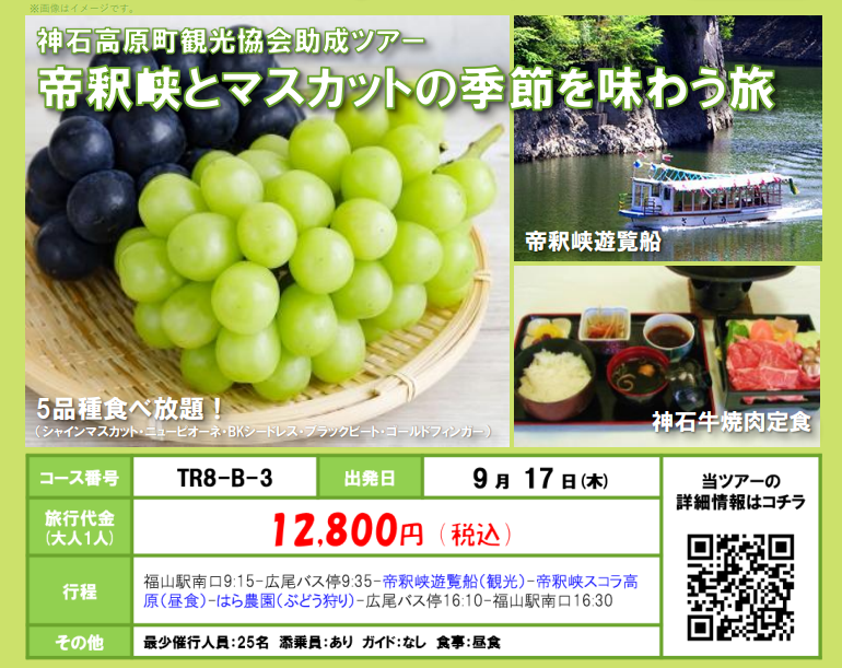ツアーコード:TR8-B-3『帝釈峡とマスカットの季節を味わう旅』